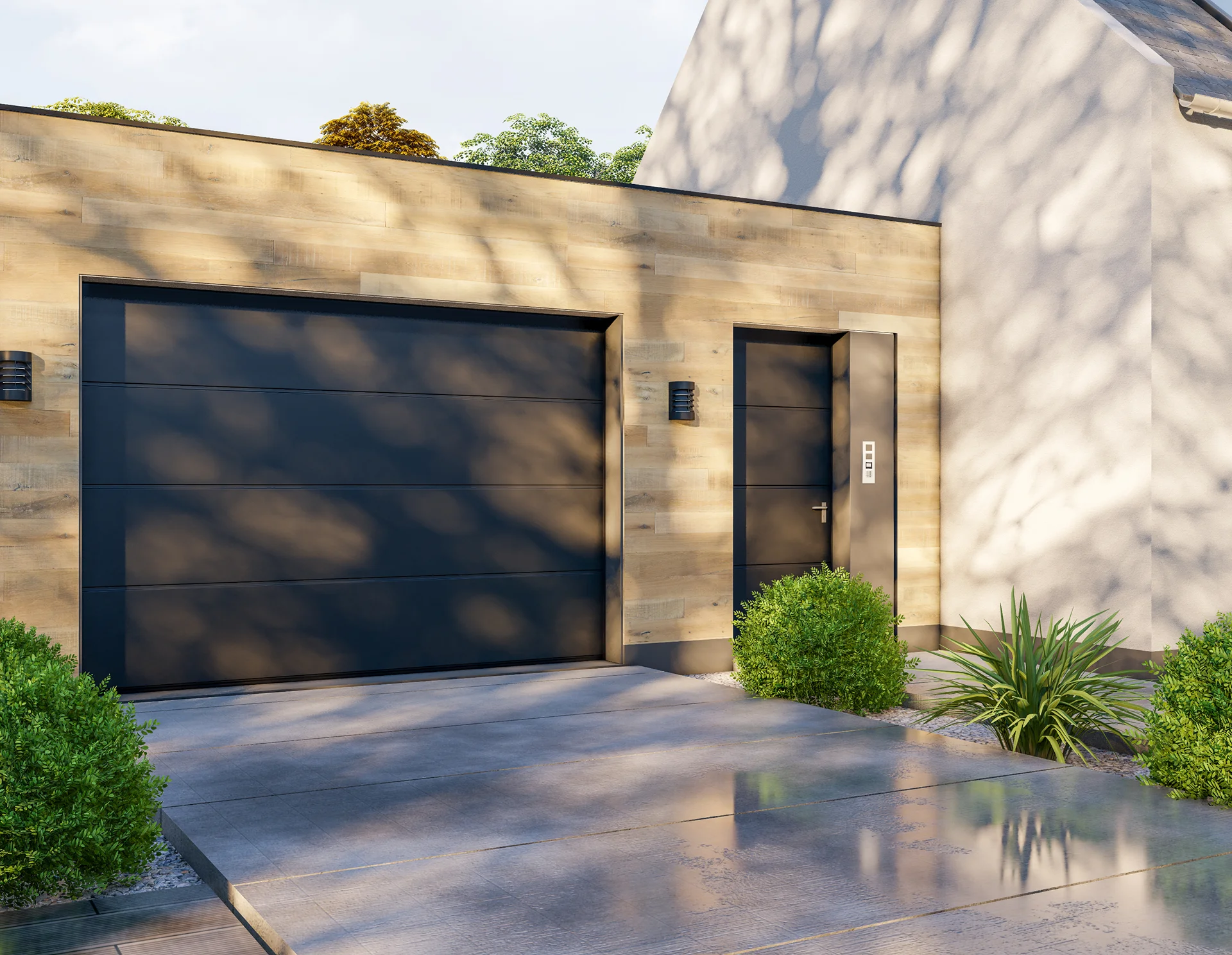 Modern garage with wooden facade and greenery.