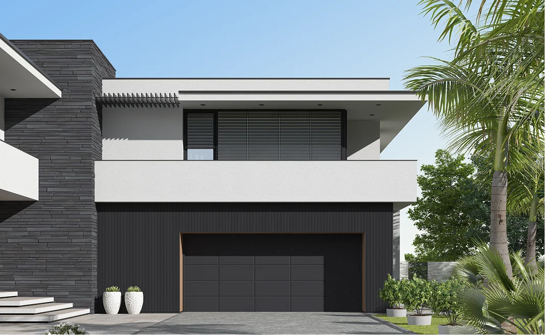 Modern house with garage and palm trees.
